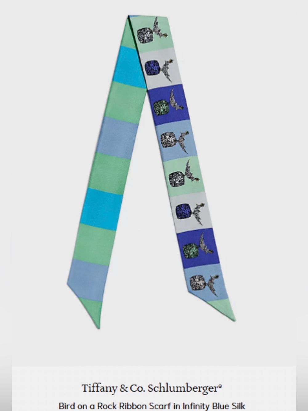 Jean Schlumberger by Tiffany & Co. Blue & Green Bird-on-Rock Silk Ribbon Scarf